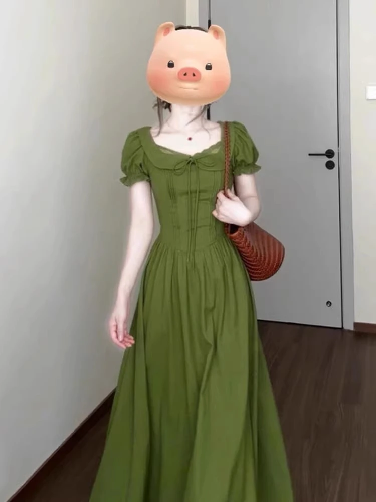 法式复古绿色收腰连衣裙子女装夏季2025新款今年流行爆款气质长裙