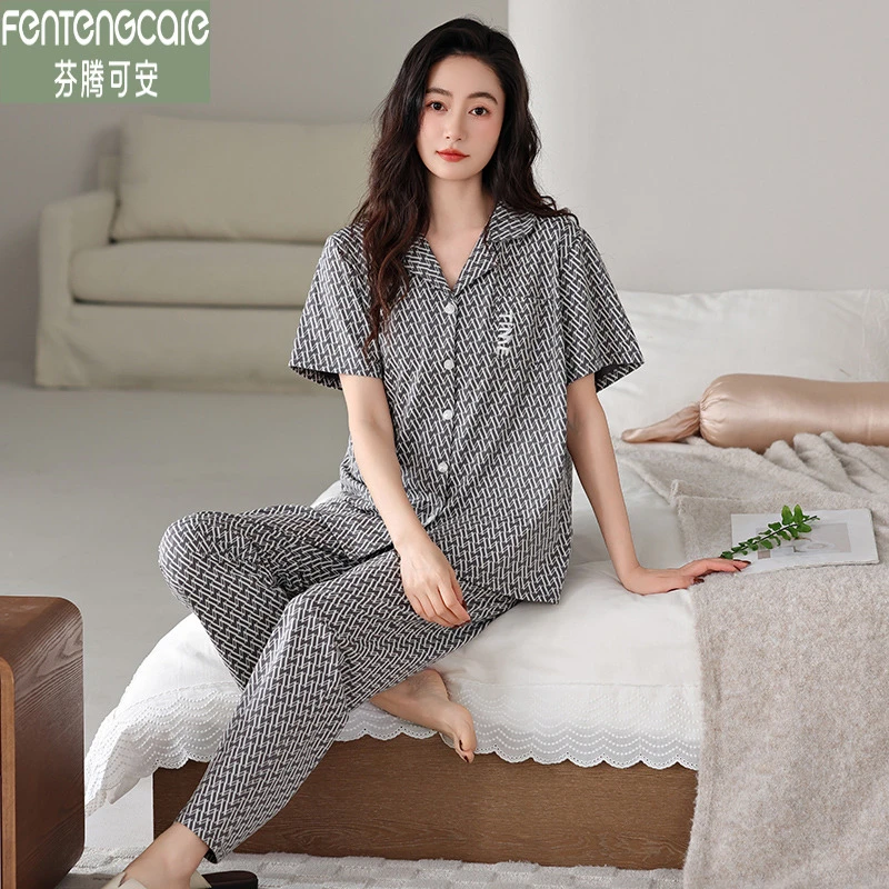 芬腾可安睡衣女士莱卡棉夏季短袖长裤薄款时尚休闲翻领纯棉家居服