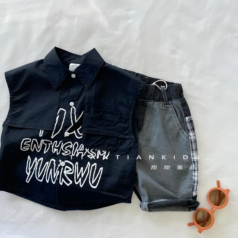 韩版男童潮酷无袖印花衬衫儿童2025夏季新款男女宝韩版百搭套装