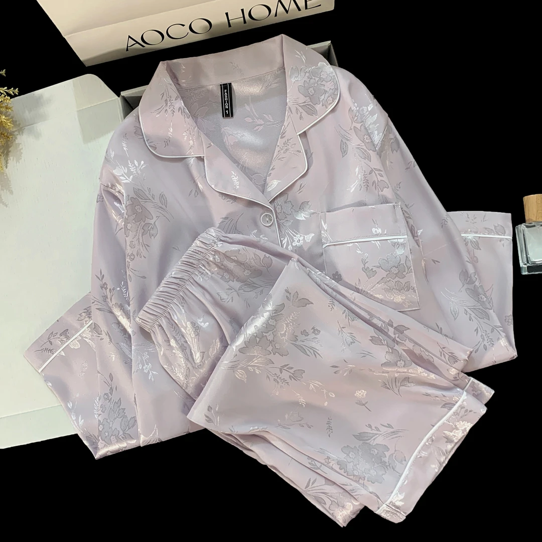 带胸垫春秋季新款甜美风睡衣女冰丝网红时尚长袖可外穿家居服套装