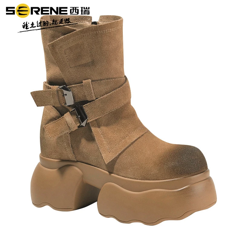 西瑞女鞋时尚百搭英伦风复古女靴冬季加绒马丁靴厚底短筒系带新款