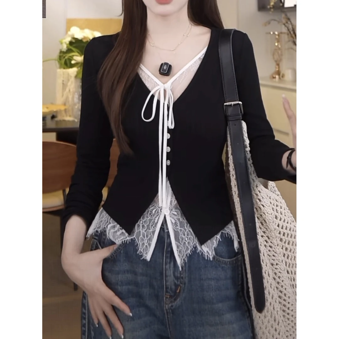 切糕自制【首尔欧尼】小个子初秋女蕾丝拼接假两件镂空长袖针织衫