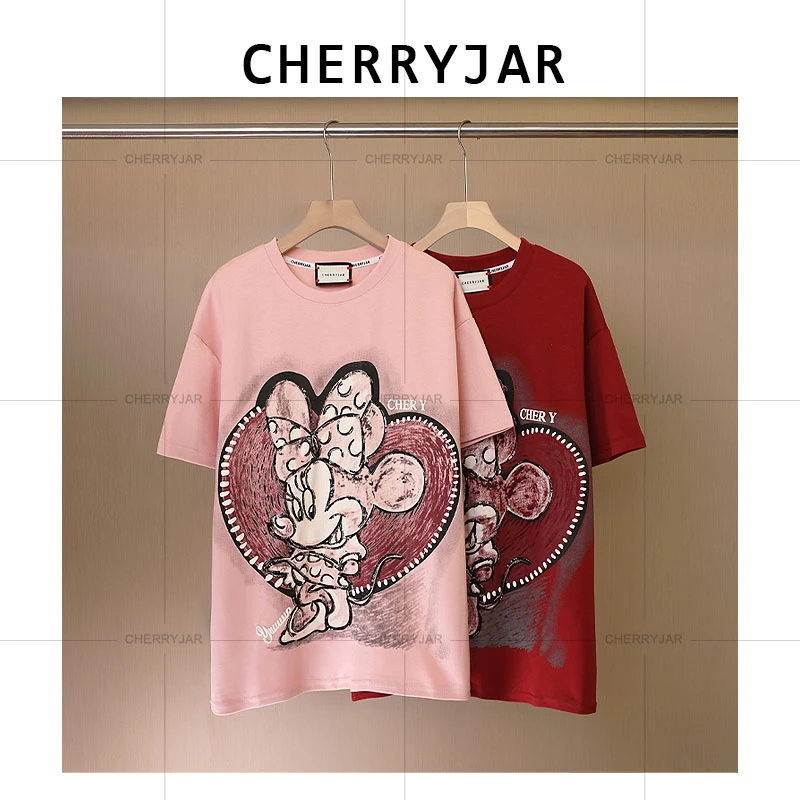 Cherryjar【1102】宽松时尚休闲卡通米奇印花烫钻短袖重工半袖