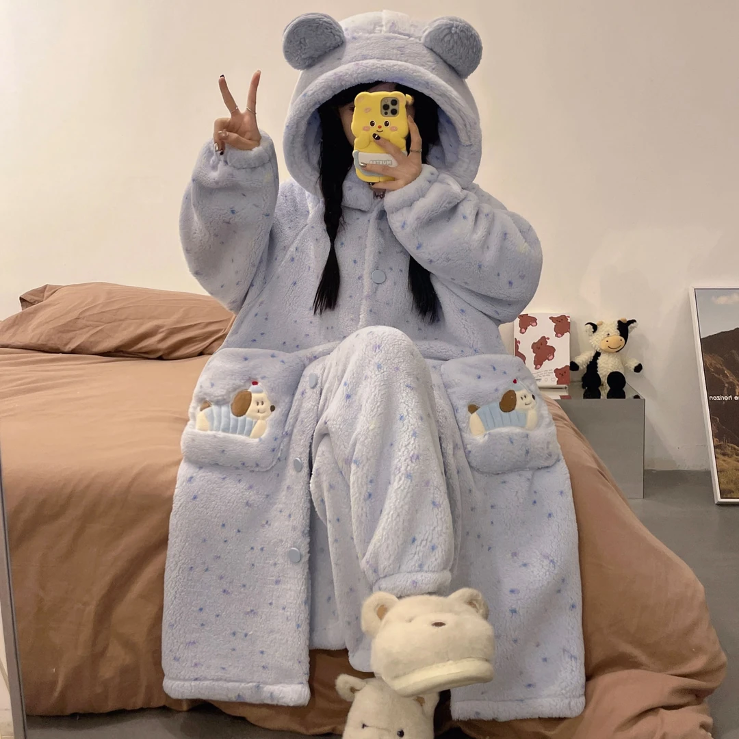 奥美诗嘉腊肠狗睡袍女珊瑚绒秋冬2025新款加绒加厚睡衣保暖家居服