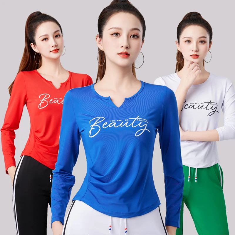 广场舞上衣长袖瑜伽服上t恤跳舞衣服秋季运动健身速干衣舞蹈服