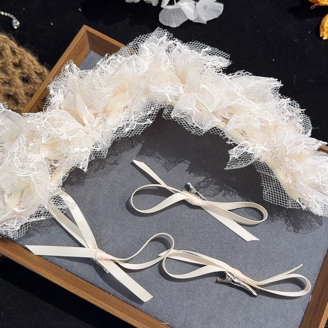 非金属布艺法式复古韩系甜美风手工蕾丝发箍四件套