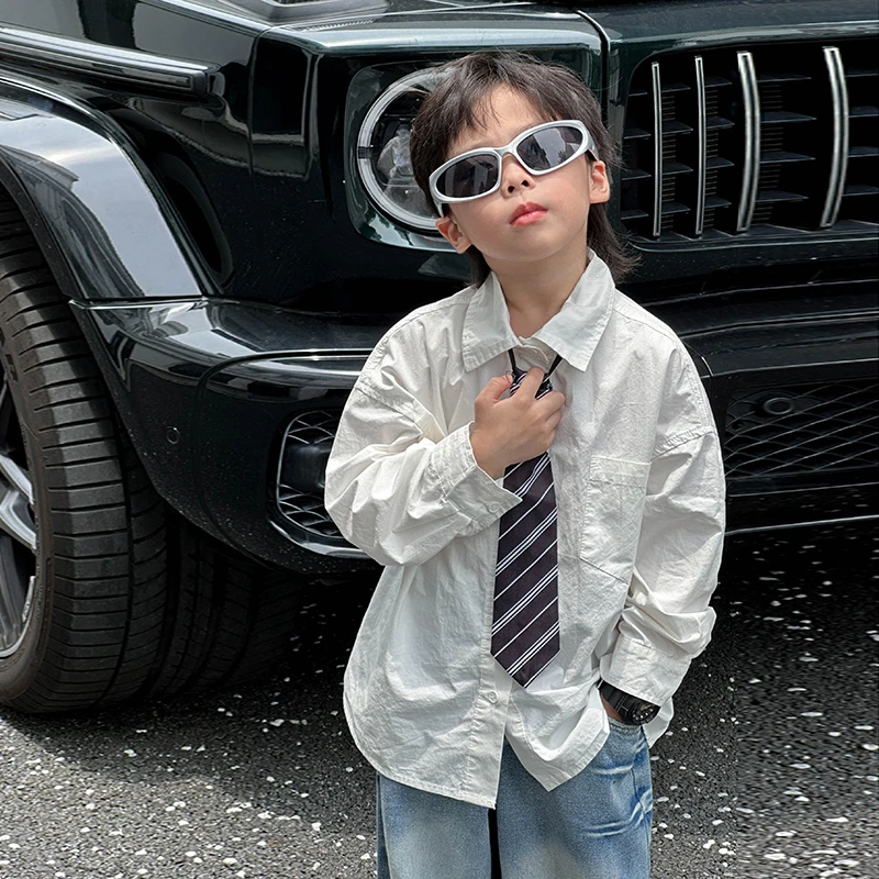 小小郑童装2025春秋款男孩潮帅气时髦领带学院风长袖男童白色衬衫