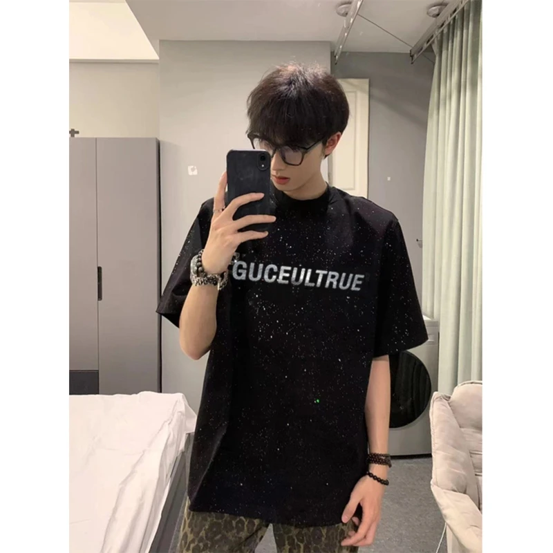 满天星亮片纯棉重磅短袖t恤男夏季美式街头潮牌痞帅宽松五分半袖