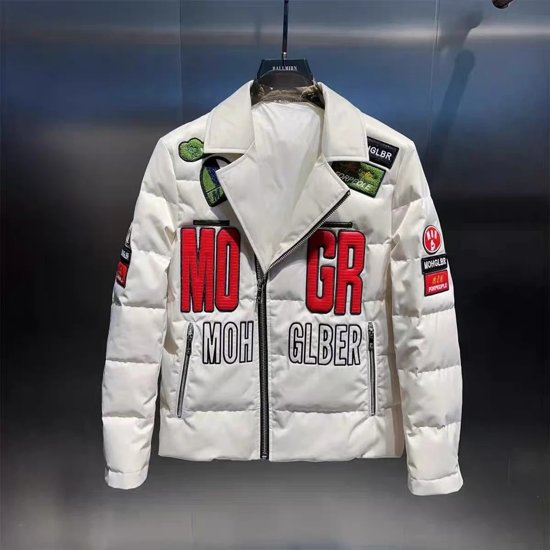 冬季欧货男士保暖百搭字母拼接机车翻领厚服休闲修身外套YR9686