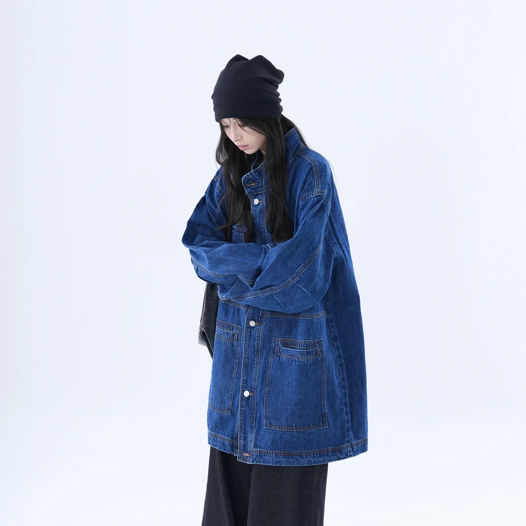 美式复古中长款工装牛仔外套女设计感小众宽松夹克潮春秋风衣潮