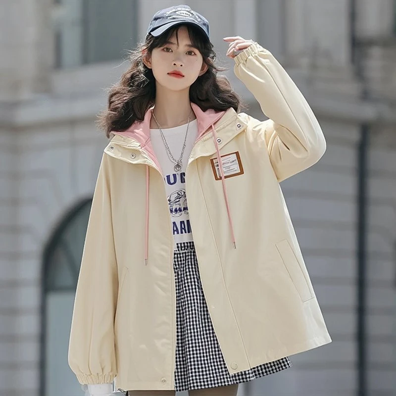 学院风假两件连帽拼色工装外套女春秋2025学生宽松休闲夹克棒球服