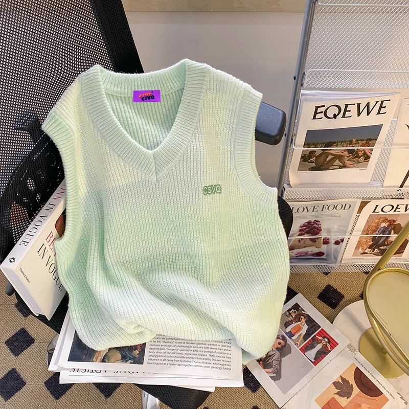 绿色渐变V领马甲针织衫女小清新无袖减龄小众秋冬款韩系ins风毛衣