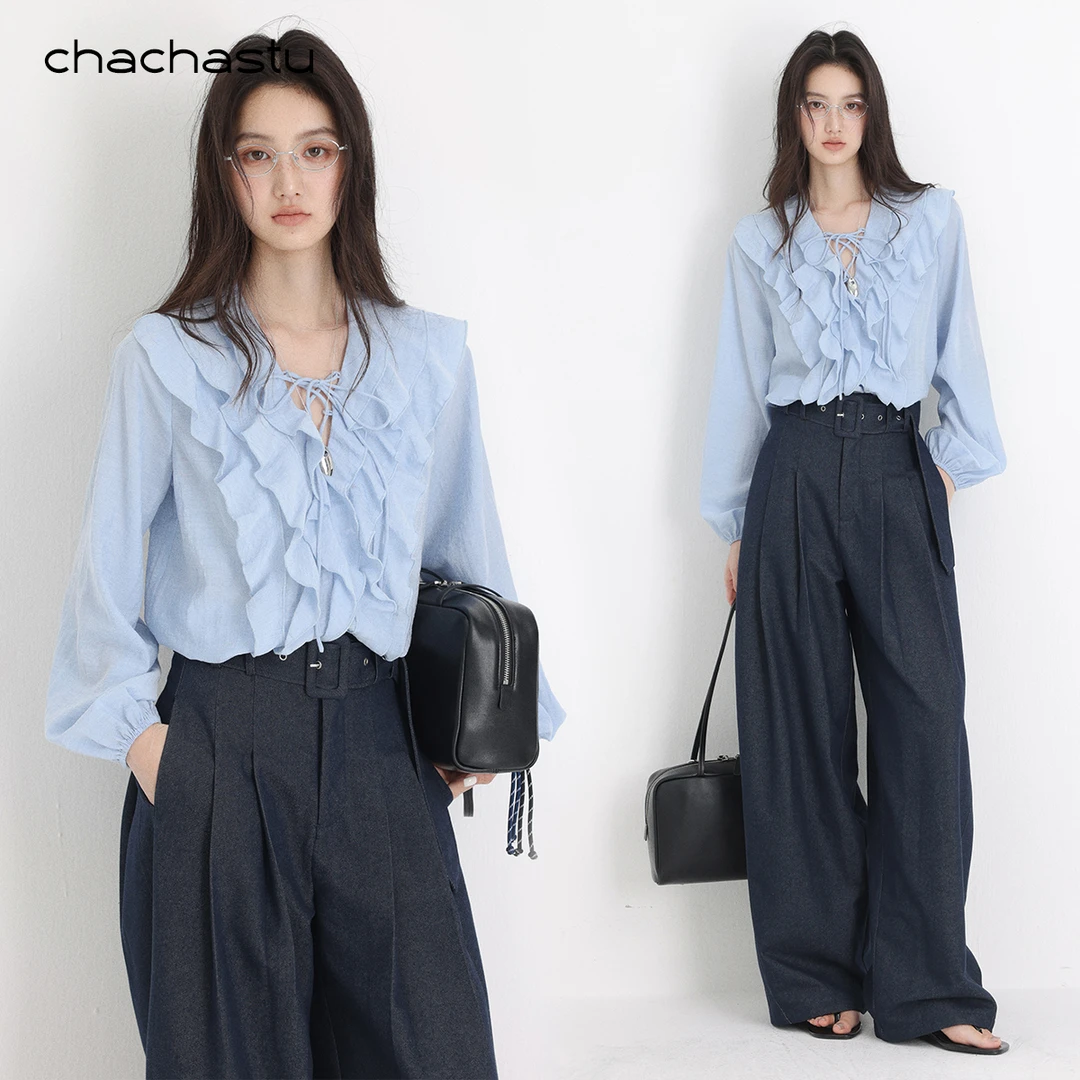 CHACHASTU 法式时髦荷叶边系带上衣高级感长袖V领显瘦衬衫H4329W