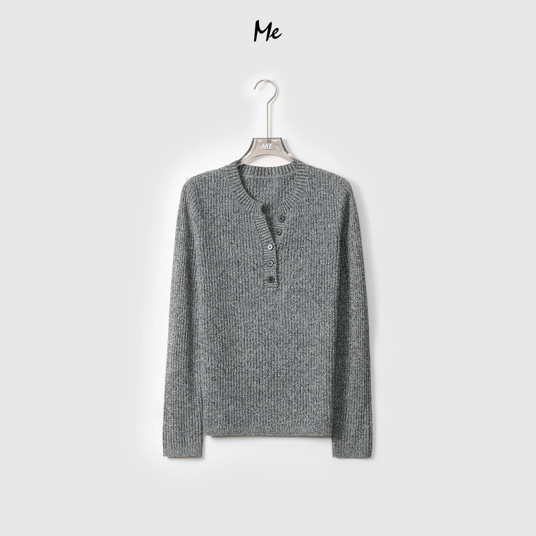 ME【亨利修身打底】100绵羊毛半开排扣门襟v领坑条针织毛衣MEQA3955
