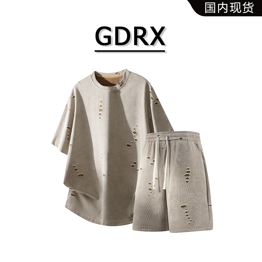 GDRX美式破洞设计短袖套装男2025夏季薄款宽松两件套轻奢痞帅男装