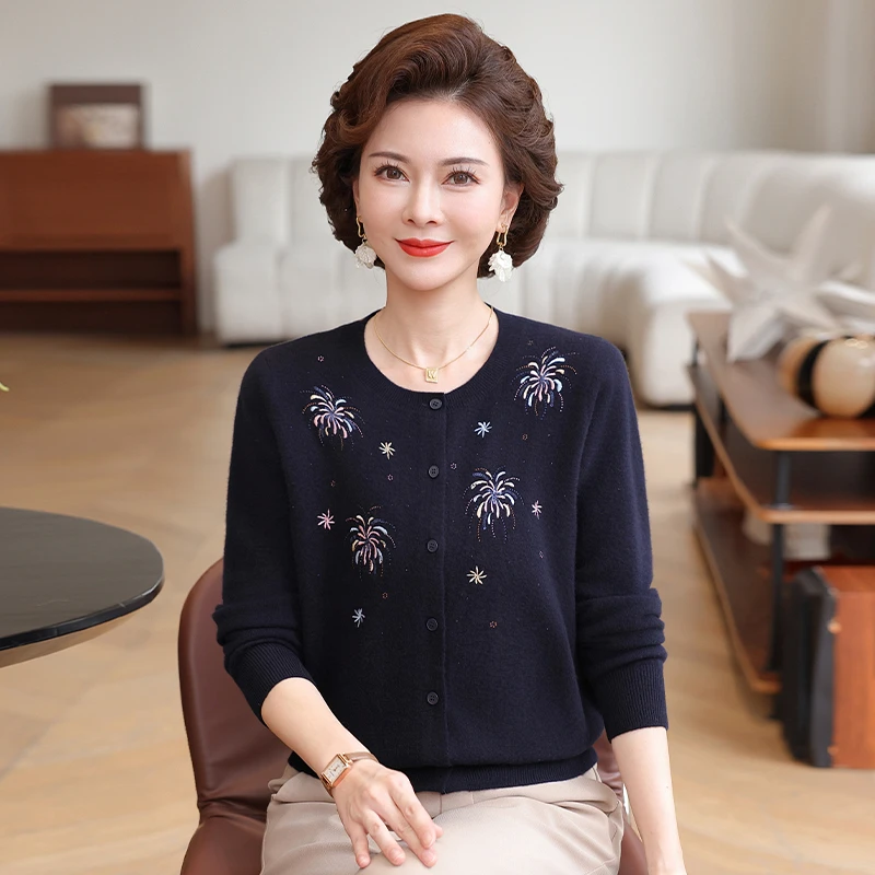 100%纯羊毛针织开衫中老年洋气妈妈装女母亲衣服女士气质长袖