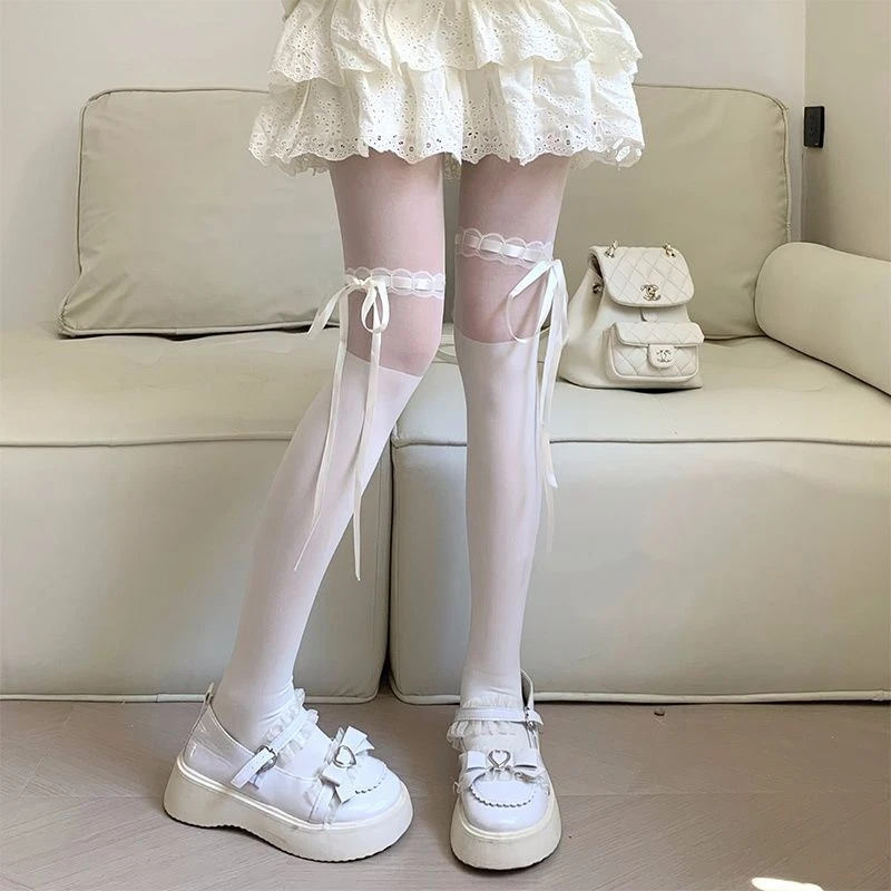 Lolita绑带连裤袜薄款可爱少女日系蝴蝶结蕾丝白色拼接丝袜防勾丝