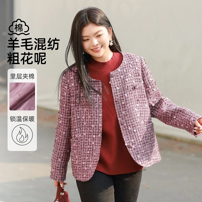 【新年战袍亮片粗花呢棉服】MsShe大码女装秋冬加厚外套A~C2410033