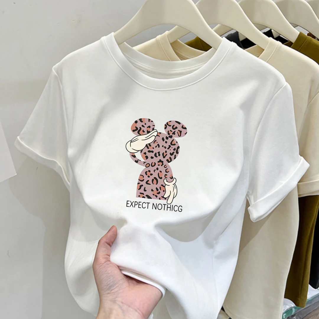 2025夏季新款T恤圆领豹纹敬礼米老鼠印花纯棉短袖女修身短款上衣