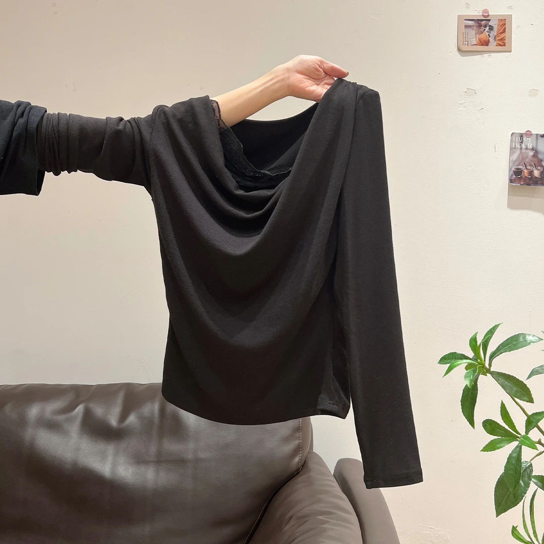 黑色荡领一字领露肩长袖T恤女秋季新款穿搭内搭打底蕾丝上衣