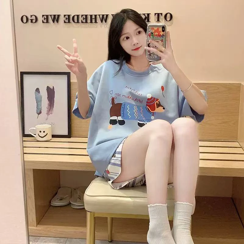 衣号店 夏季新款卡通高级感短袖短裤家居服套装不带胸垫