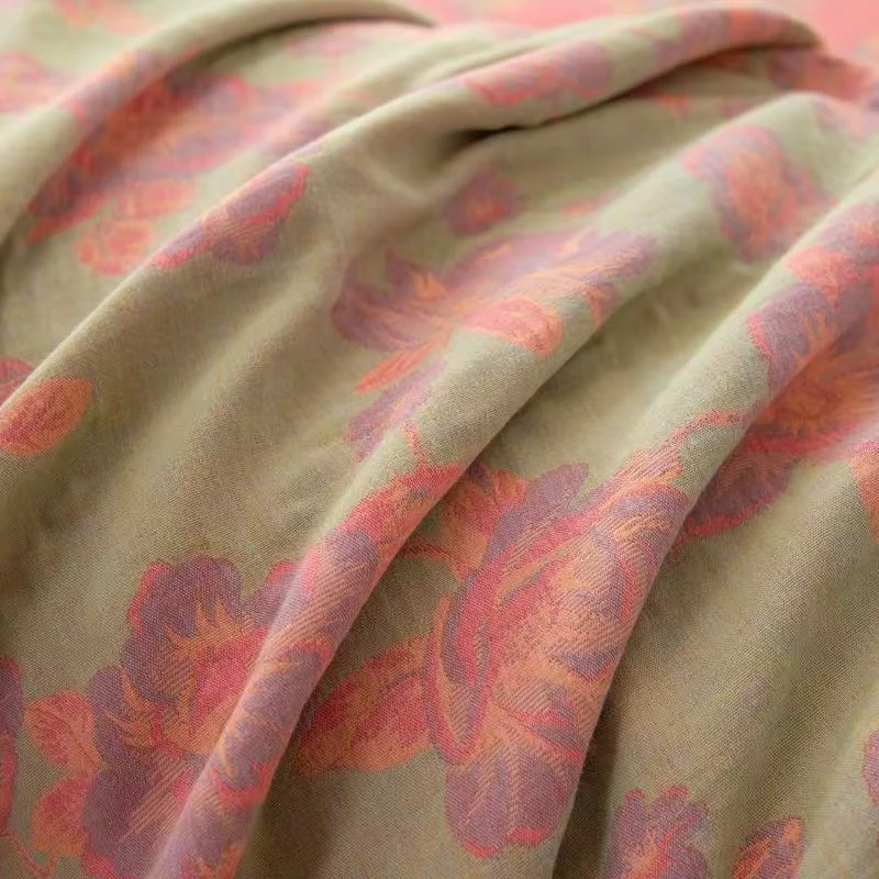 MJN 全棉色织提花双层纱床盖大尺寸 H-002 粉黛佳人-粉绿