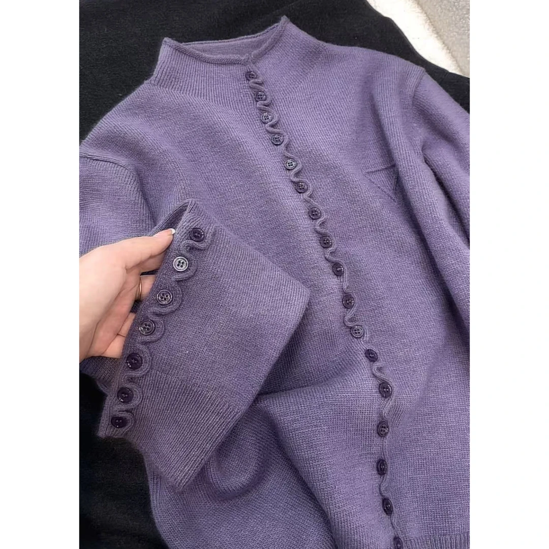 丽姐家~花边紫色长袖纯色百搭早秋开衫上衣