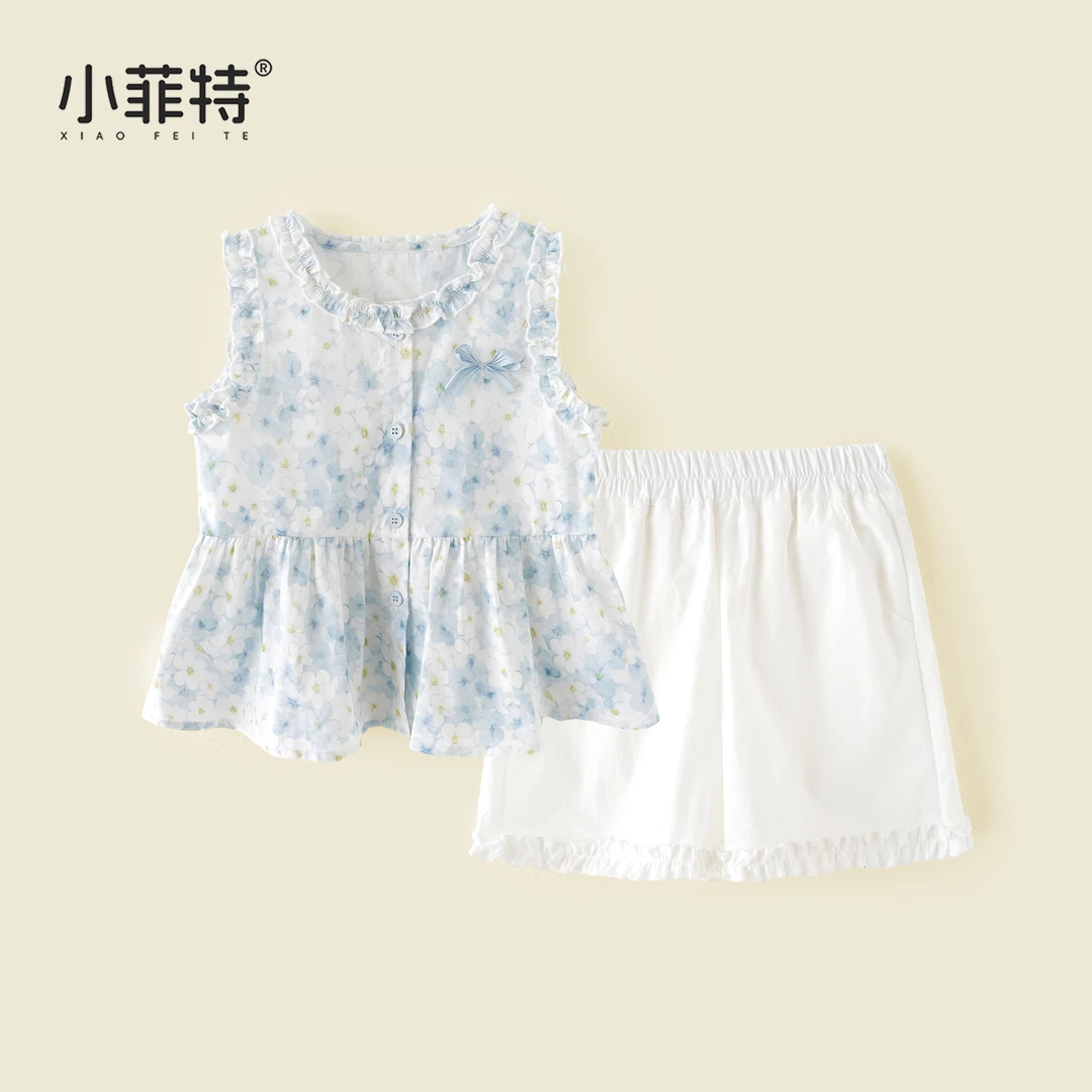 小菲特夏季新款女童短袖短裤两件套韩版小女孩衬衫套装HLTX52186