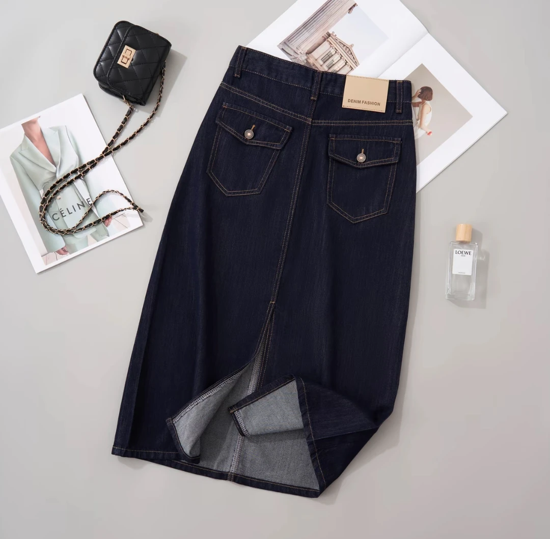 夏季开叉牛仔休闲中高腰高腰拉链半身裙薄款丹宁风女装