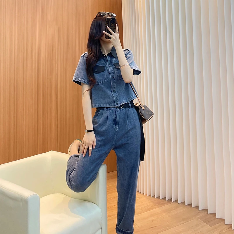 牛仔套装女夏两件套薄款高端欧货短袖时尚休闲洋气全身2025年新款