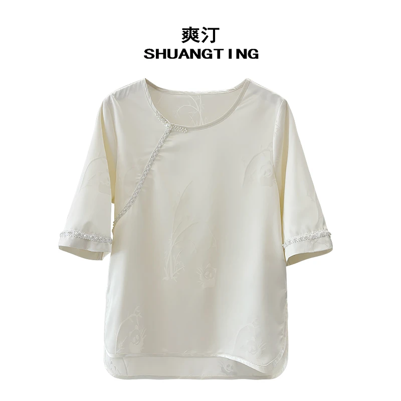 Jokara/丘可儿【扫花游】百搭气质斜襟钉珠拼接上衣中式提花短袖T