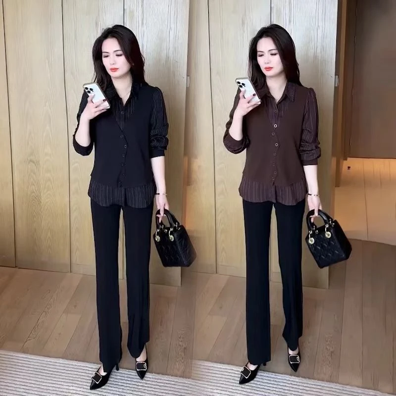 女装春秋假两件套衬衫2025年新款春装时尚小衫洋气质显瘦条纹上衣