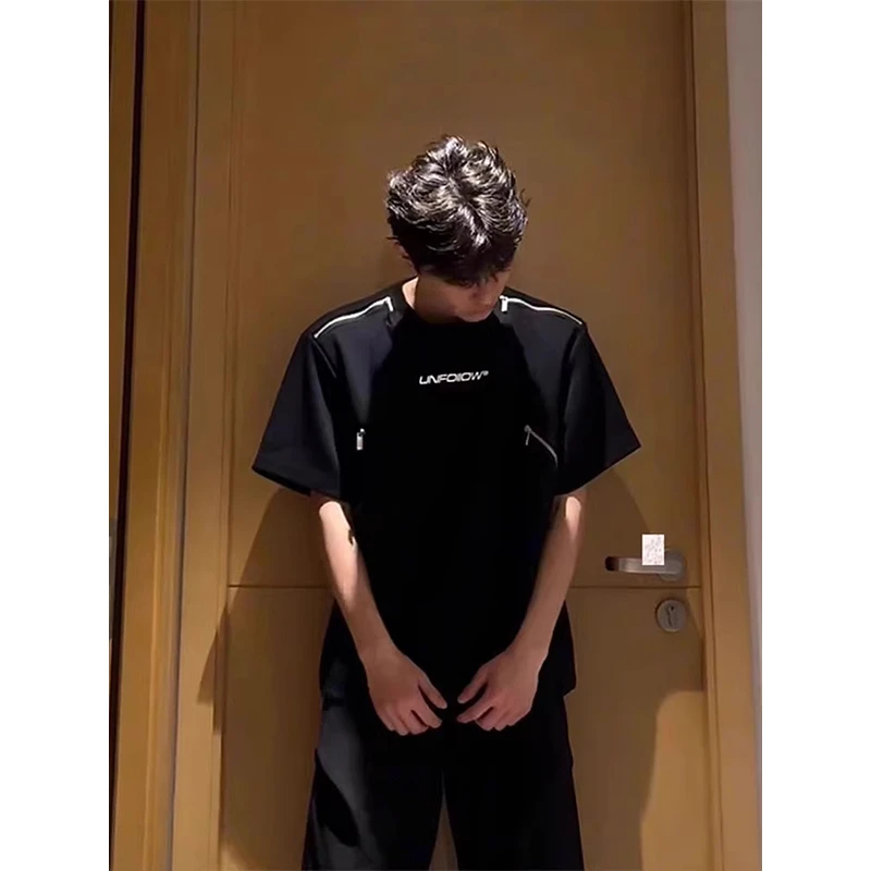 美式短款垫肩t恤短袖男款夏季拉链解构设计感痞帅cleanfit半截袖