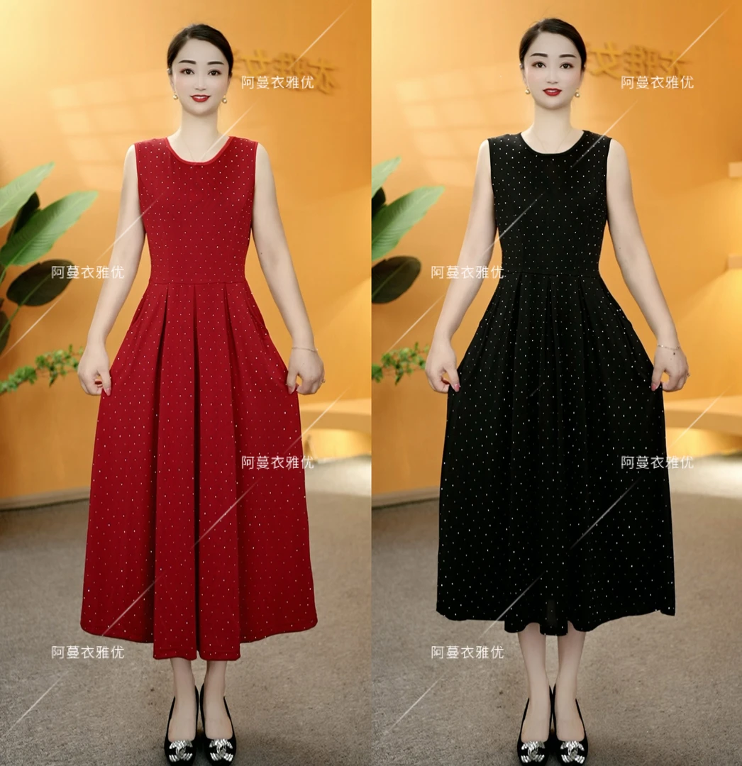 【衣雅严选】8121-1600#夏季新款气质无袖冰雪丝烫钻大摆连衣裙