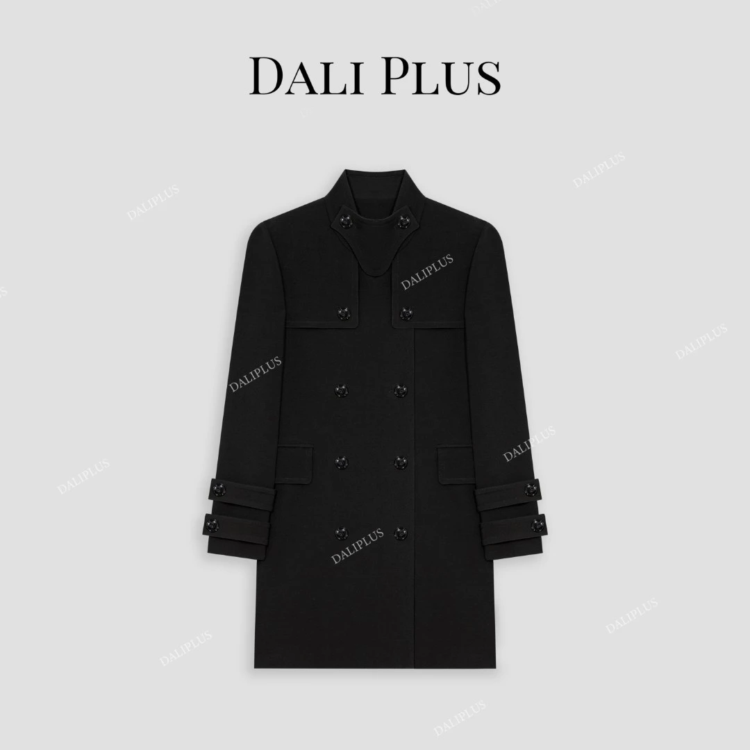 DALI PLUS高级感气质轻奢黑金双排扣立领风衣-D4XY0210