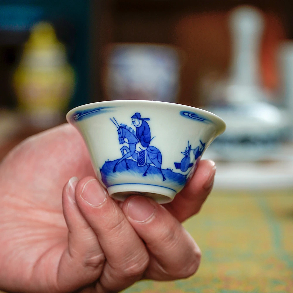 杯必若深纯手工手绘仿古胎釉泥青花人物进京赶考若深杯品茗主人杯