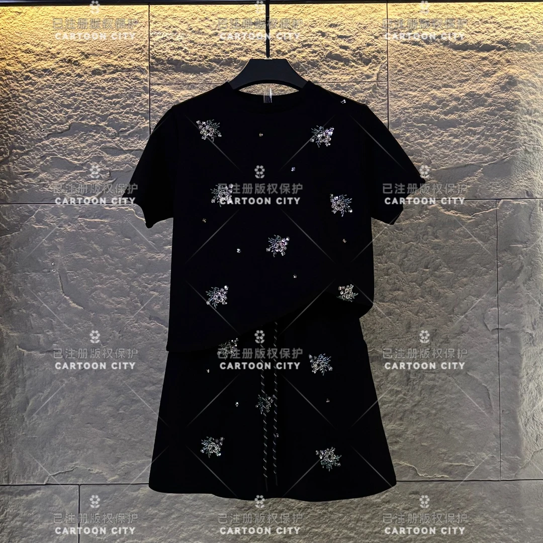 WMA-A157<满天星系列>丨<水钻珠花>宽松版夏季T恤短裙套装