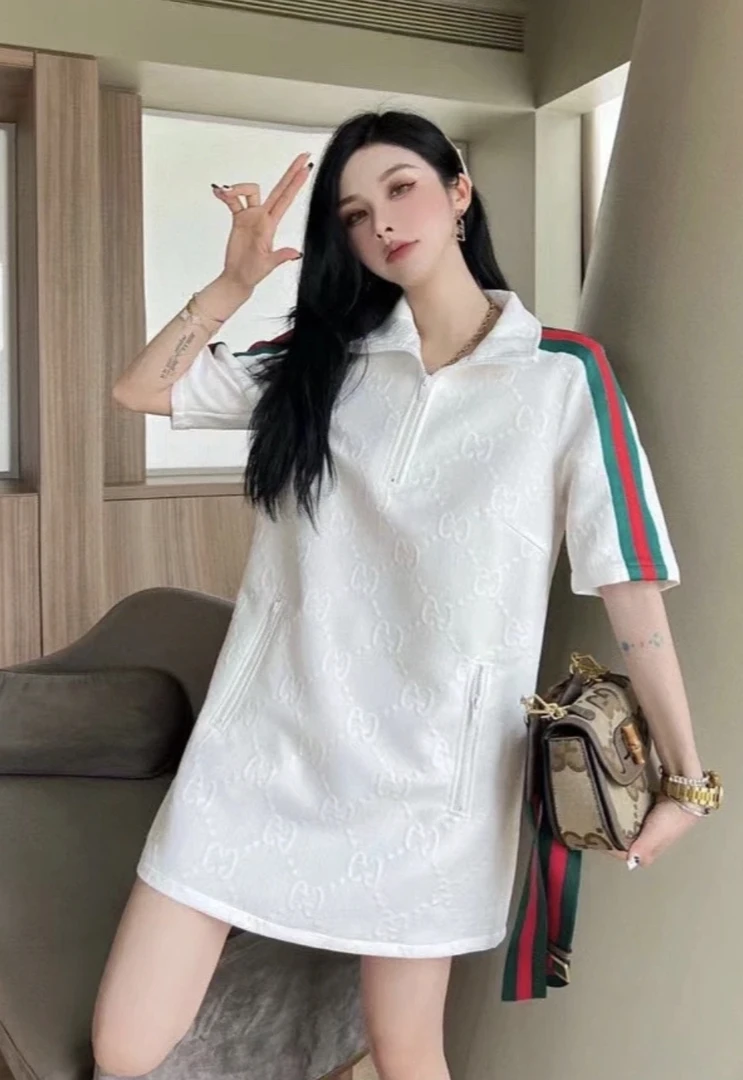 95新 GUCCI/古驰 zz107 聚酯纤维 双G logo满印红绿织带连衣裙 xs