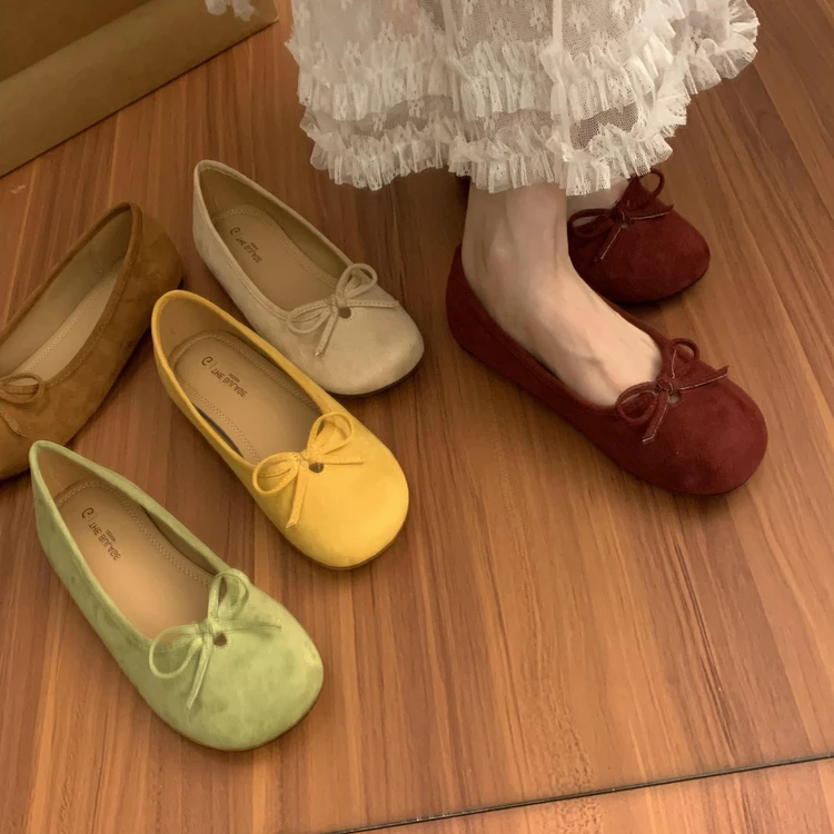 【万达撤柜】绒面圆头浅口单鞋女春季新款覆古软底豆豆鞋休闲平底一
