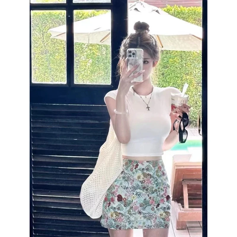 2025夏季美式辣妹chic别致裙子套装修身上衣碎花包臀半身裙两件套