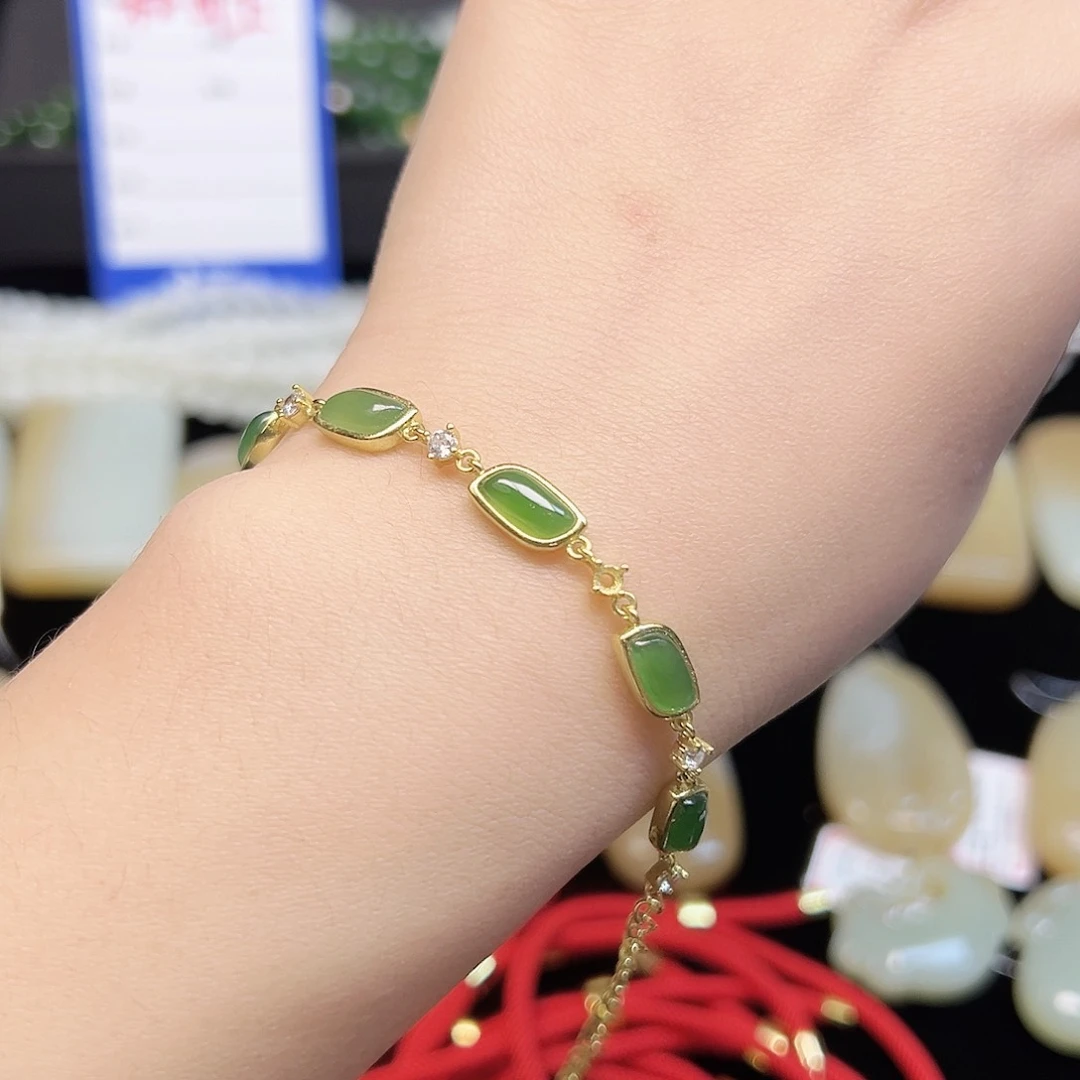 和田玉（碧玉）手链银S925镀金镶嵌