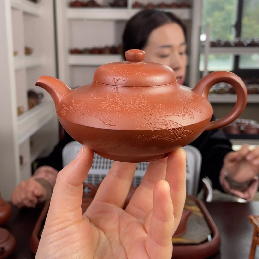 紫砂茶壶一代红皮龙刻绘合欢200cc 不确定刻绘