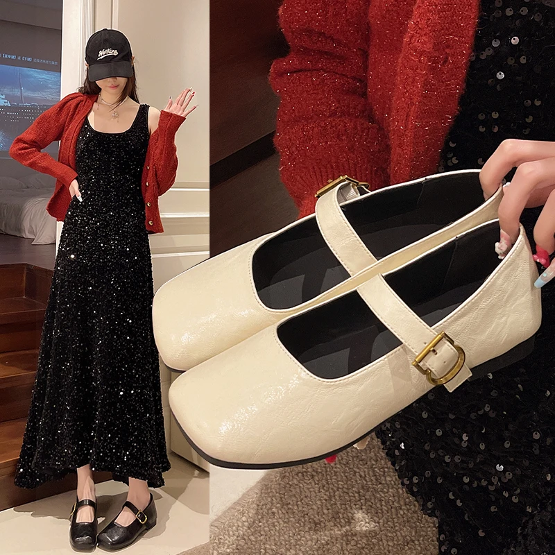 【陈秀秀女鞋】25年春韩版复古百搭玛丽珍平底方头一字扣带浅口单鞋