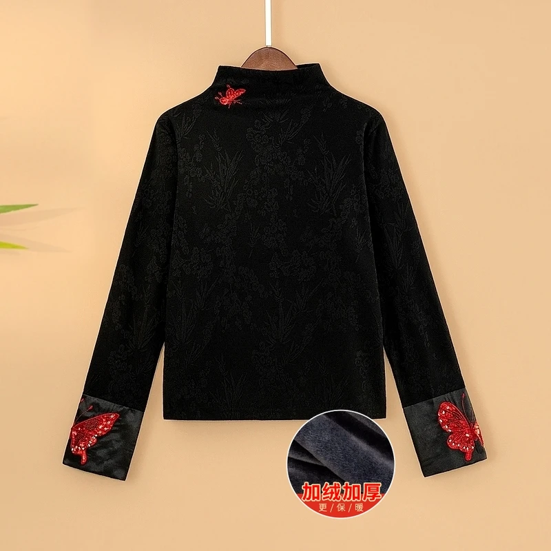 【珠蝶】冬季加绒加厚保暖打底上衣新中式国风高领保暖长袖T恤衫女