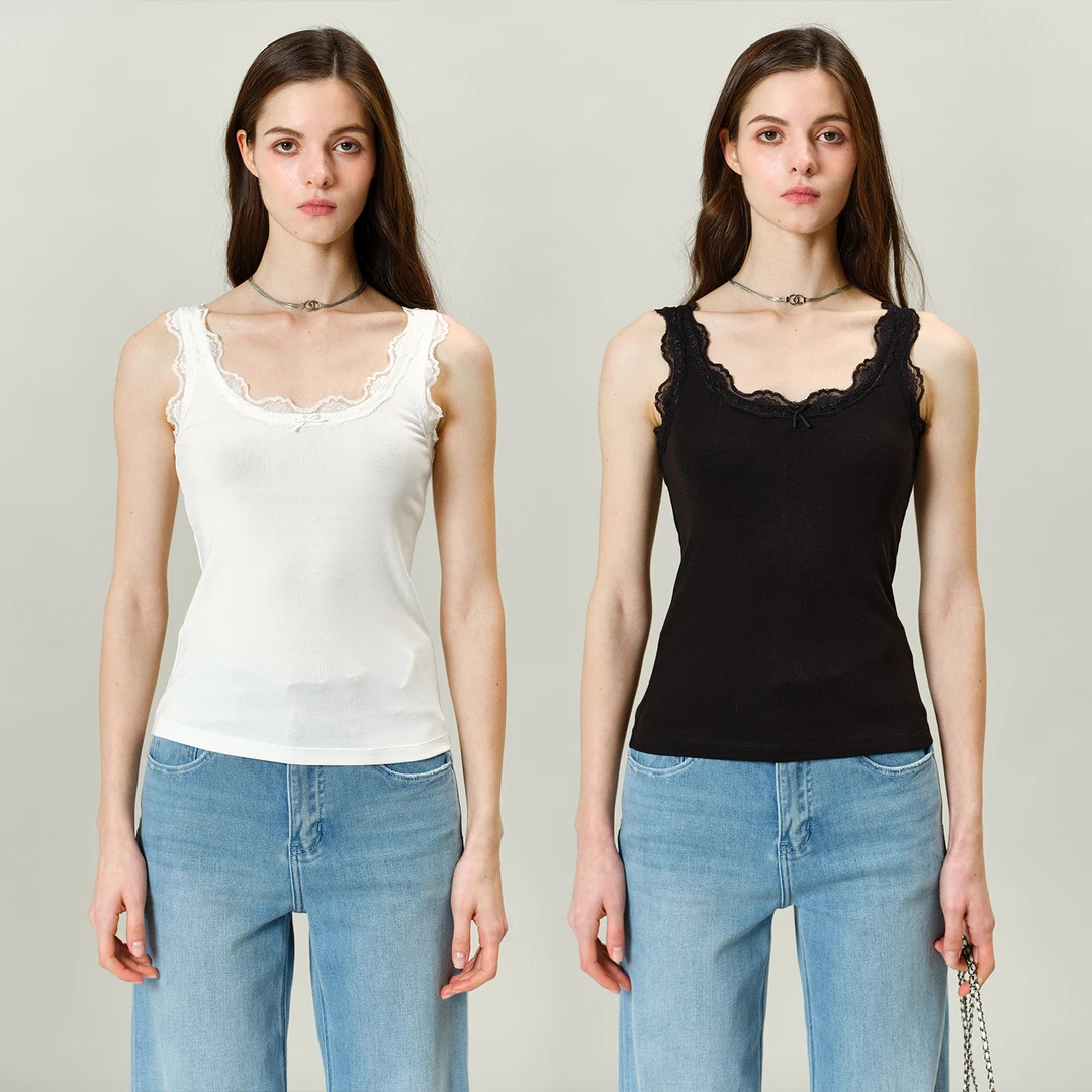 小岛微风法式胶囊系列人手两件经典蕾丝花边针织吊带背心T022307