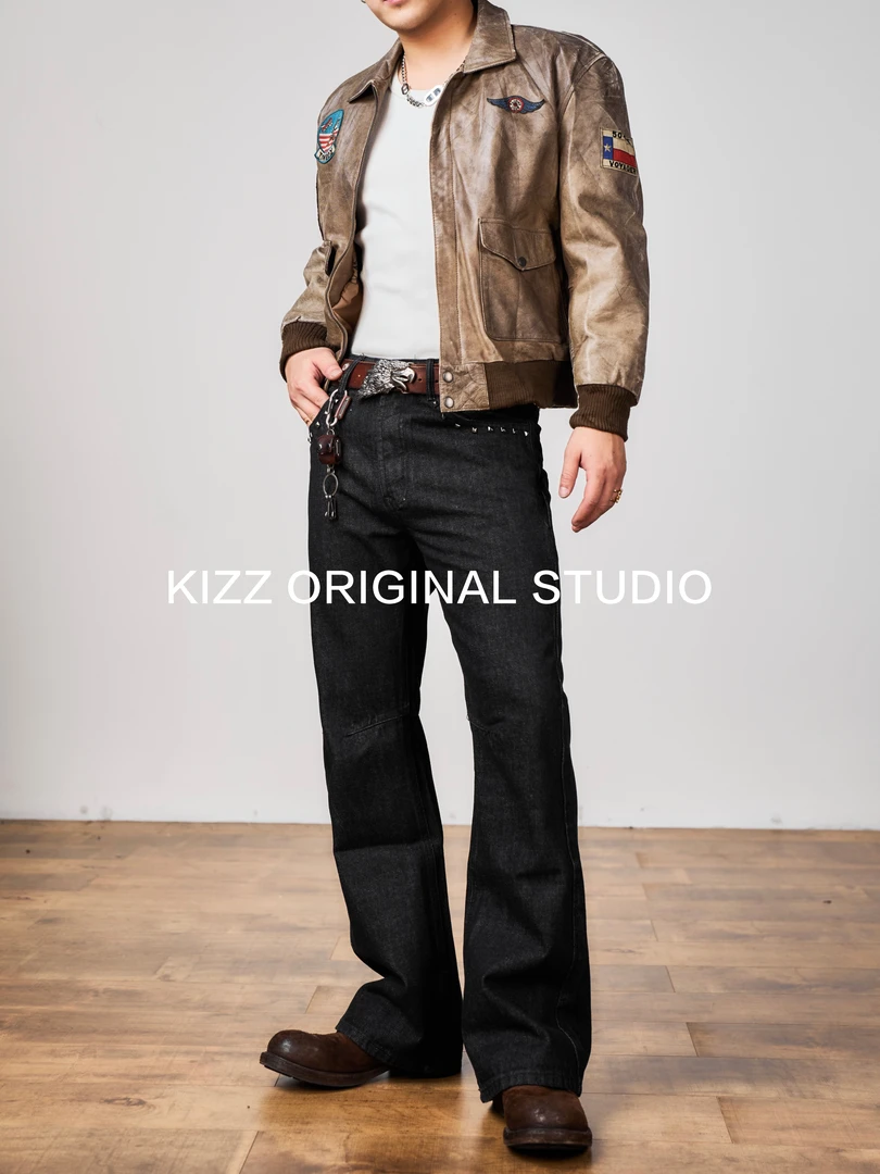 Kizz【暗夜】vintage 5 pocket复古机车朋克风铆钉设计原牛牛仔裤