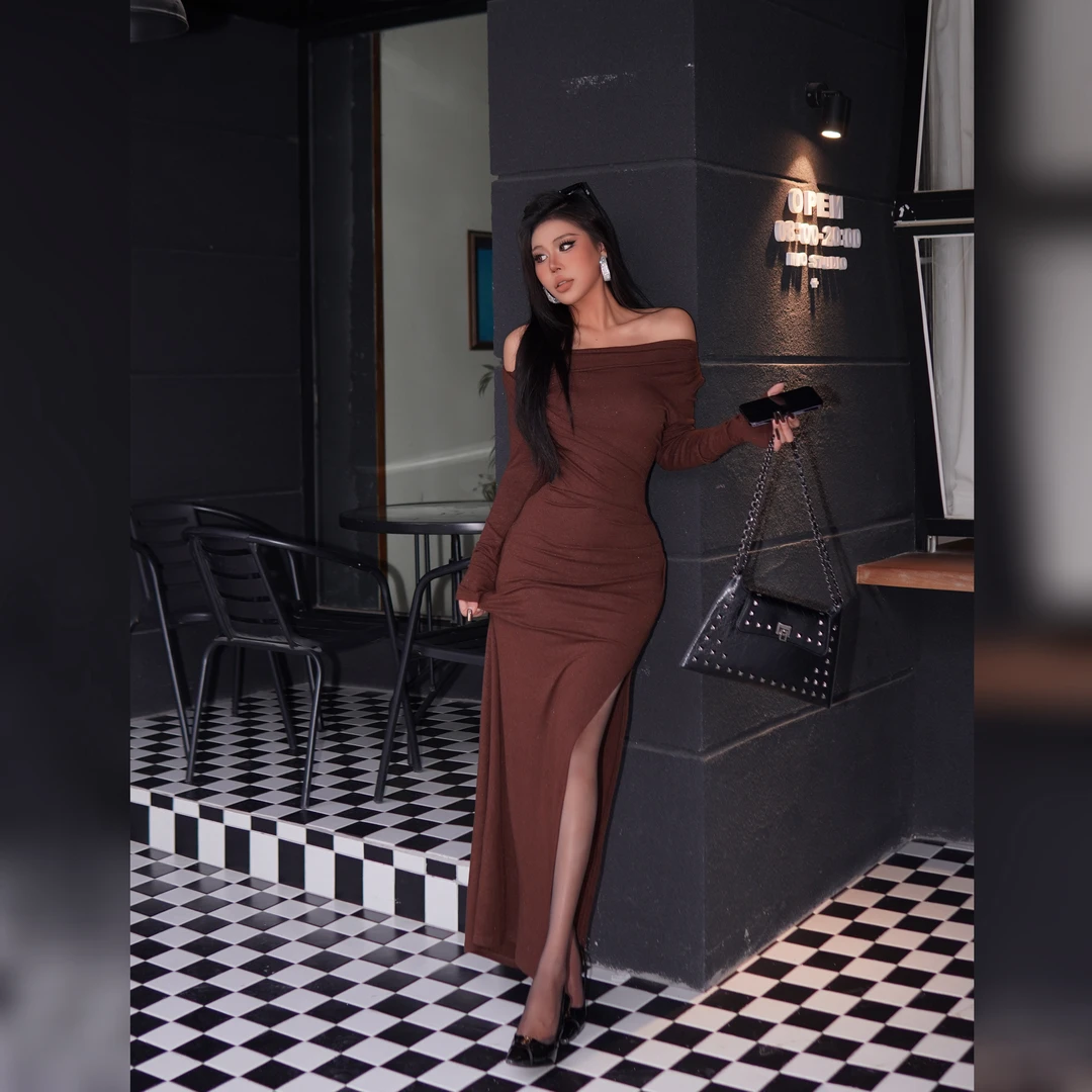 【蜜蜜家】欧美辣妹领口三穿加绒高衩闪闪抓毛连衣裙长裙 ZA058