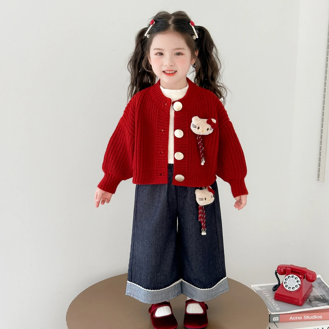 女童森系套装2025新款儿童春秋装休闲风女宝宝秋季毛衣外套牛仔裤