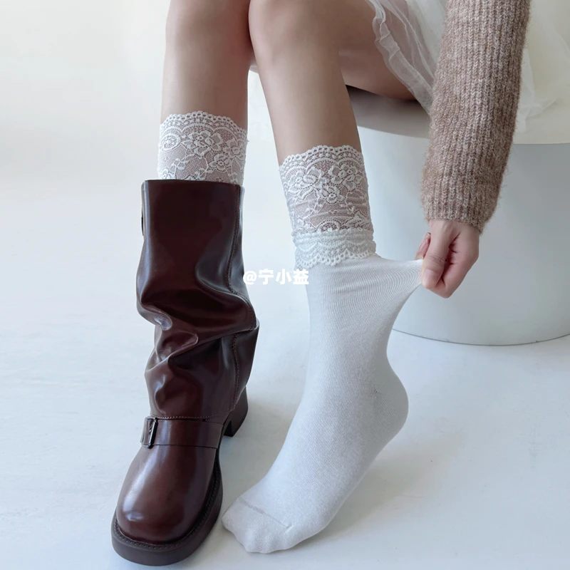 宁小益芭蕾风蕾丝花边袜子女春秋薄堆堆中筒棉袜美拉德靴子过膝袜