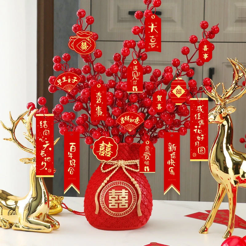 中式结婚假花摆件桶福发财果红果订婚摆台装饰品布置挂件桌面客厅